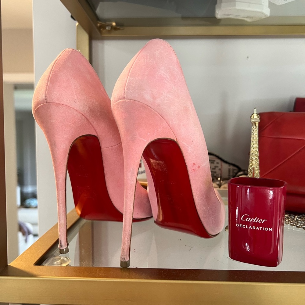 Christian Louboutin Pink Suede Stiletto Pumps with Red Soles